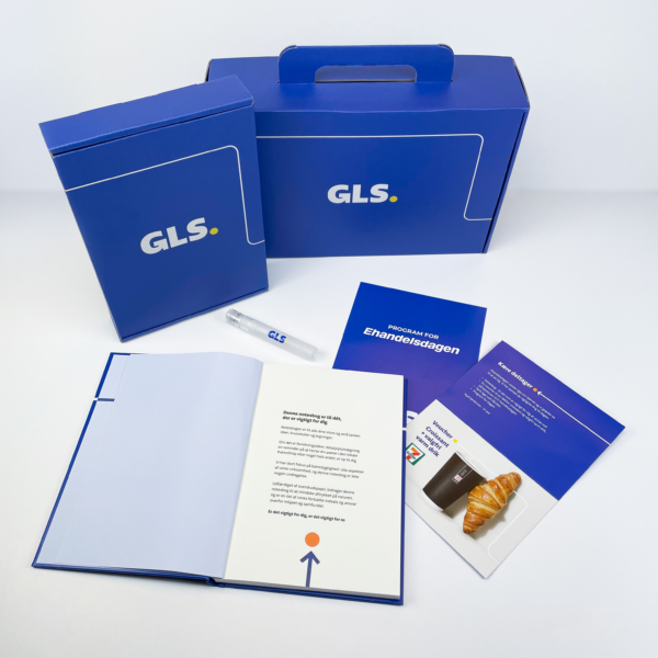 GLS Merchandise, med kuglepen, notesbog og flyers